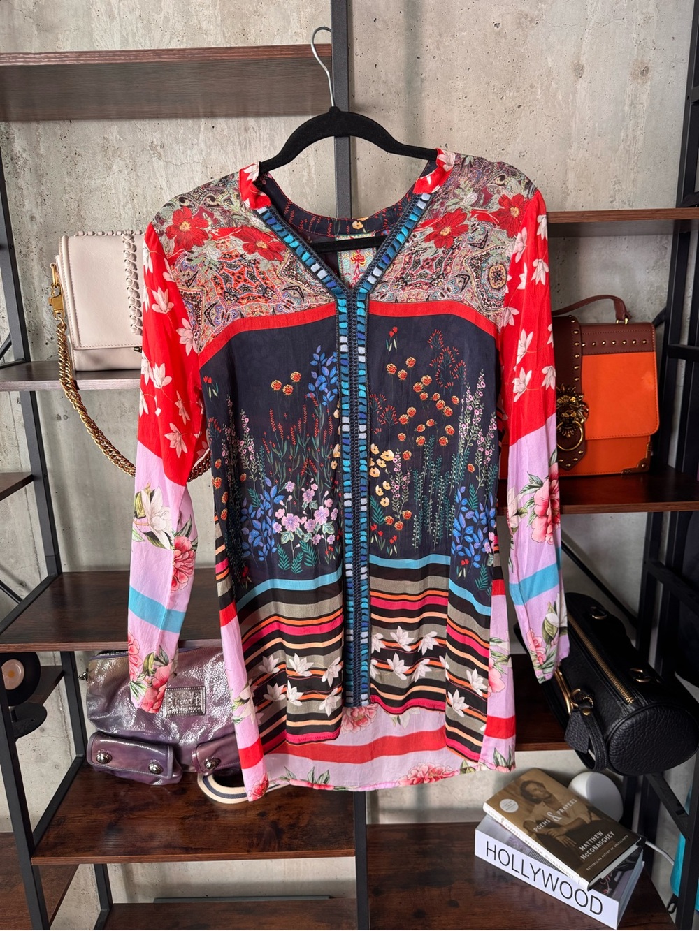 Johnny Was Floral & Embroidered Hem & Mixed-Print Tunic - Size XS - NWOT